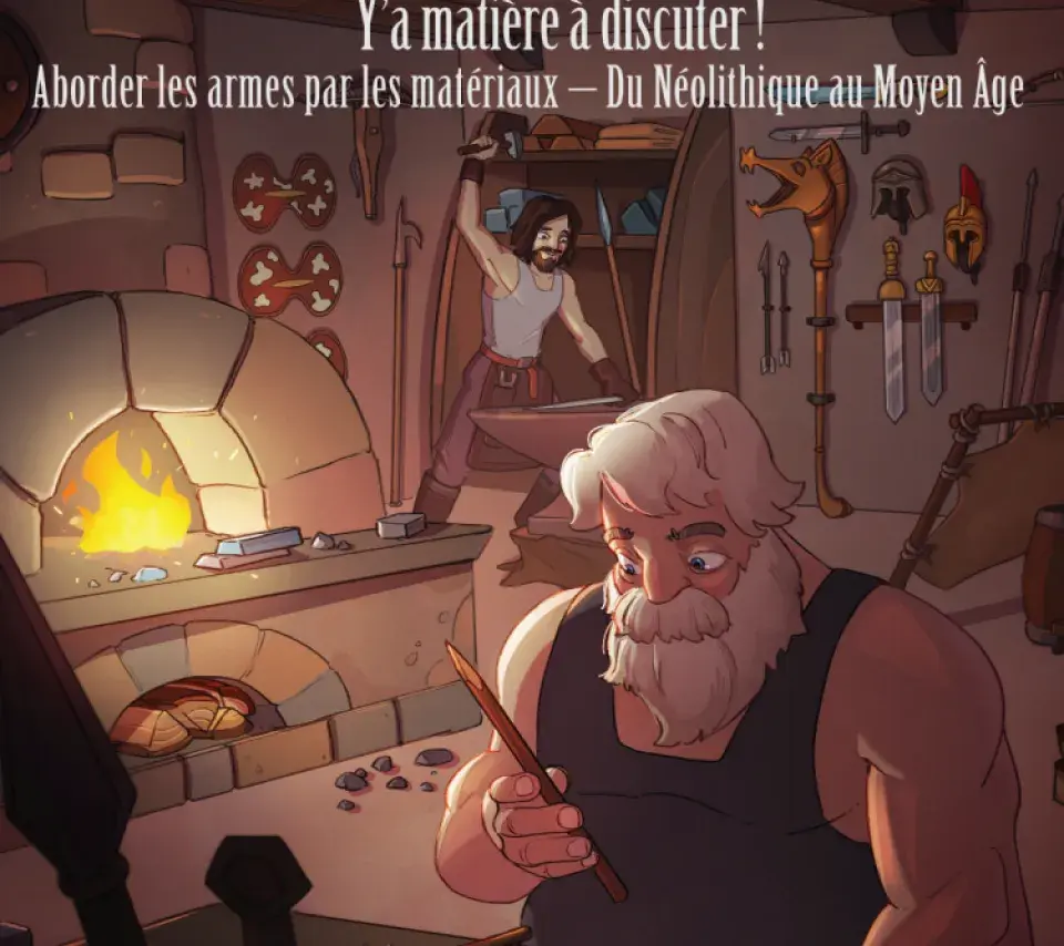 Affiche de l'appel à communication "Armes et Guerrier" où l'on voit un ouvrier travaillant des outils/armes dans un atelier