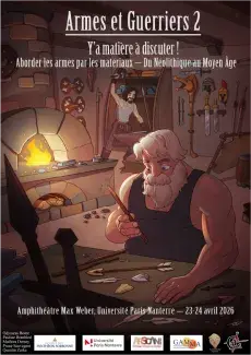 Affiche de l'appel à communication "Armes et Guerrier" où l'on voit un ouvrier travaillant des outils/armes dans un atelier